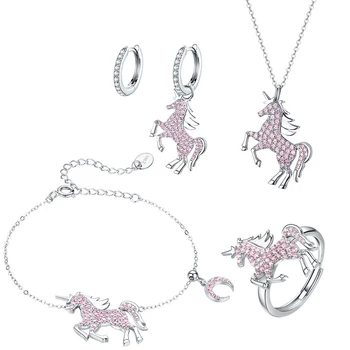

925 Sterling Silver Jewelry Sets 2020 New Pink Licorne Pendant Necklace for Women Chain Necklaces Earrings Wedding Jewelry