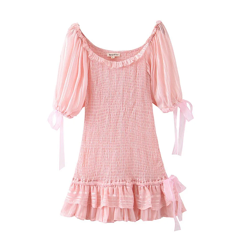 

Europe And America 2020 Early Spring New Style Slim Fit Slimming Versatile Puff Sleeve Elastic Pleated Tight-Fit Ribbon Dress Sh