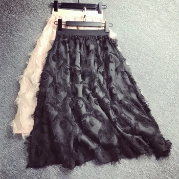 

Women Elegant chiffon Feather pattern tassel high waist Fairy A Line Knee Length Party Skirt faldas mujer moda 2019 harajuku -