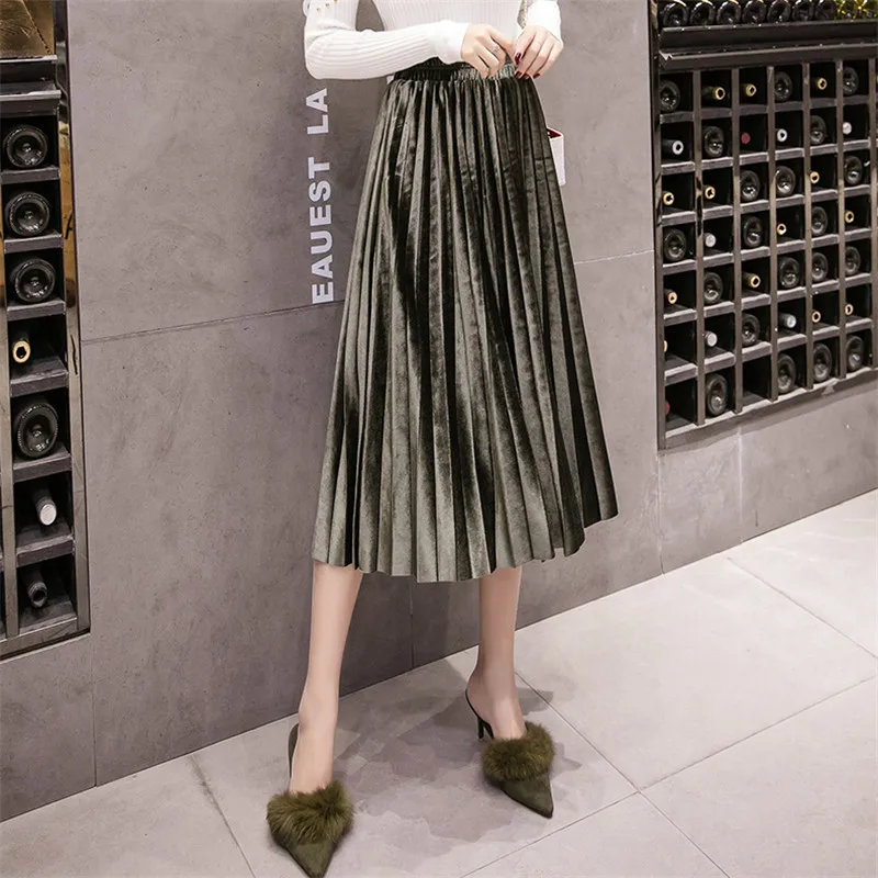 Осенняя Женская плиссированная юбка с высокой талией Повседневная однотонная эластичная бархатная пышная Свободная юбка Корейская женская офисная юбка миди - Цвет: YY8026Celadon