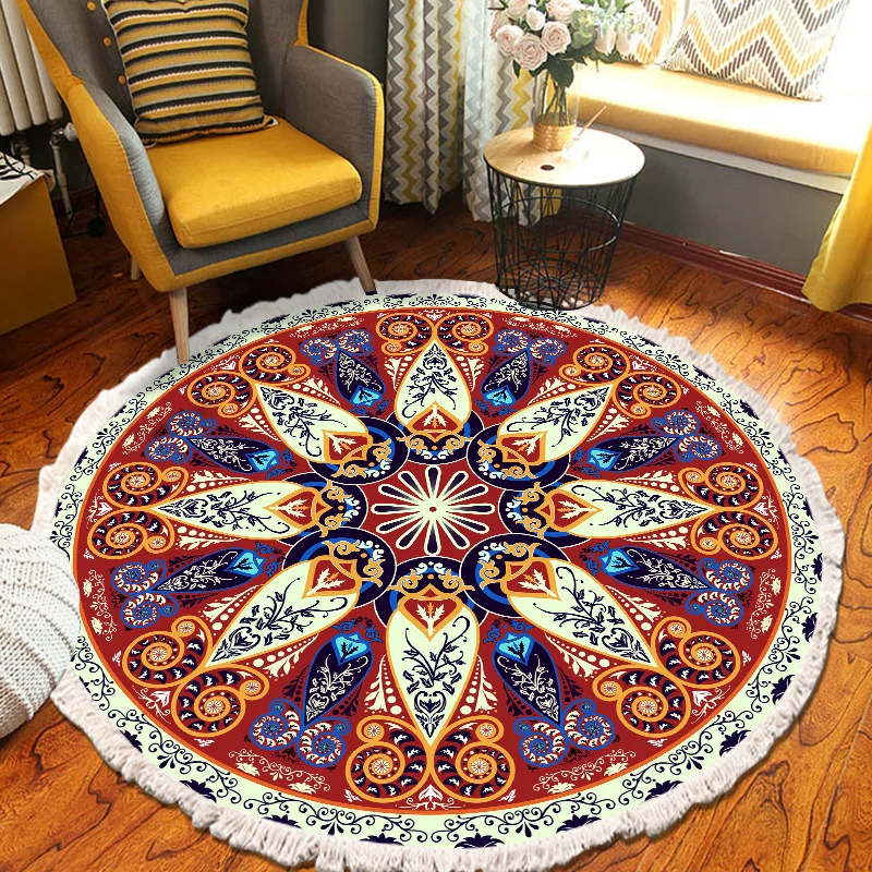 ​Home Decor Retro Bohemian Round Carpet Hand Woven Cotton Linen Carpet Rug Bedside Rug Geometric Floor Mat Living Room Carpet