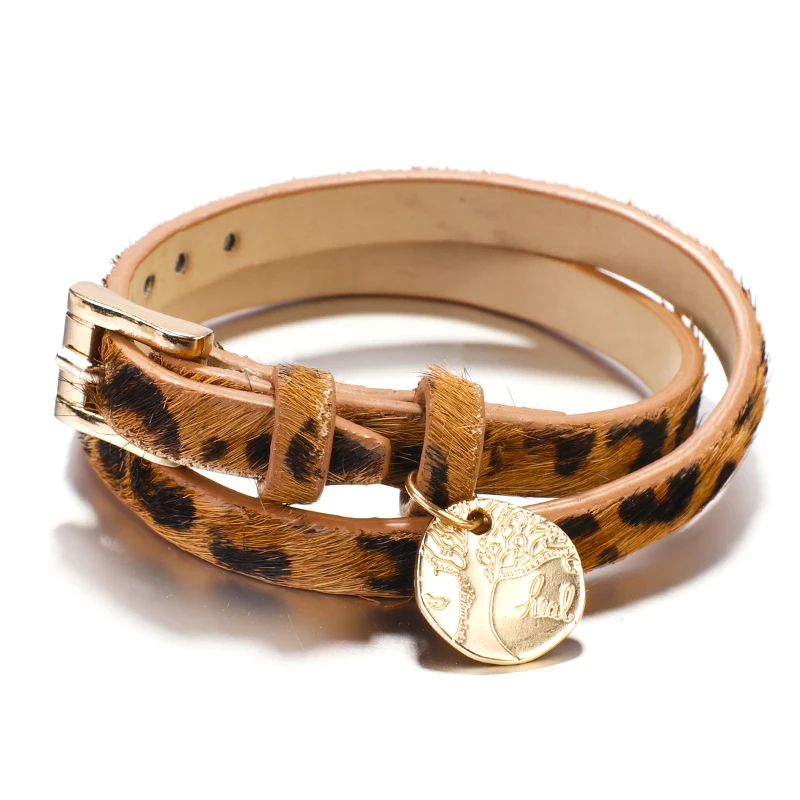 Amorcome, модные женские браслеты, леопардовые кожаные браслеты и браслеты, многослойный широкий браслет, ювелирный женский браслет - Окраска металла: Khaki Leopard 4
