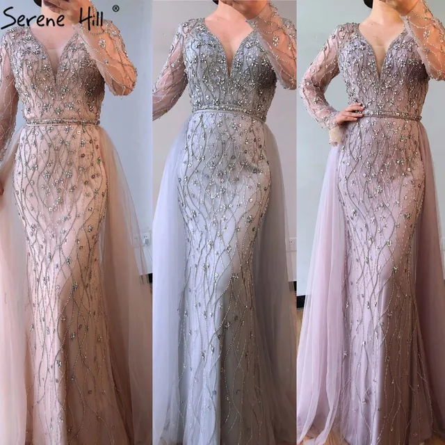 Dubai Luxury Grey With DetachableTrain Evening Dresses 2021 Long Diamond Mermaid Beading Formal Dress Serene Hill LA70341 2