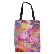 HaoYun/Модные женские льняные мешочки с цветочным принтом фламинго, сумка для покупок с рисунком для девочек, сумочка из хлопка, крутой холст, сумки