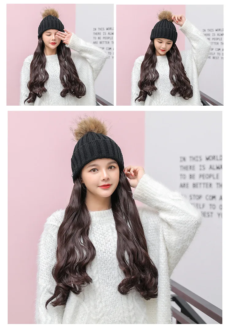 Модные зимние шляпы для женщин Skullies Beanies вязаная шапка парик все-в-одном парик шляпа капот