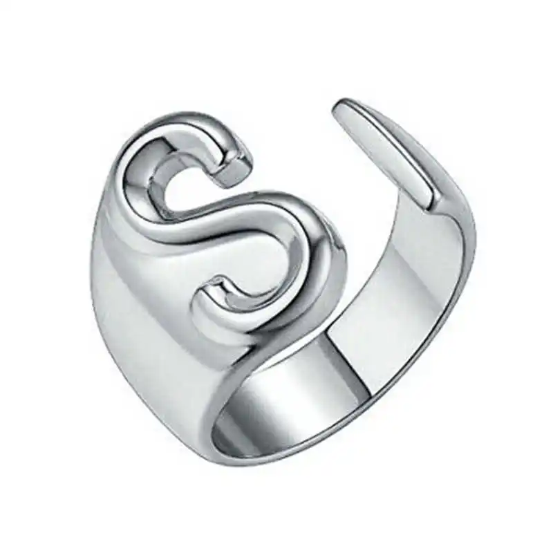 Silver-S Z to A Fashion Открытое кольцо персонализированное письмо Регулируемая печатка серебряного цвета - Цвет основного камня: Silver-S