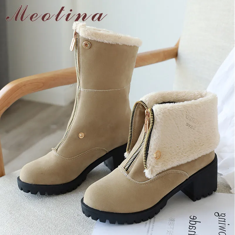 

Meotina Winter Ankle Boots Women Boots Zipper Thick High Heel Short Boots Fashion Round Toe Shoes Lady Autumn Green Big Size 43