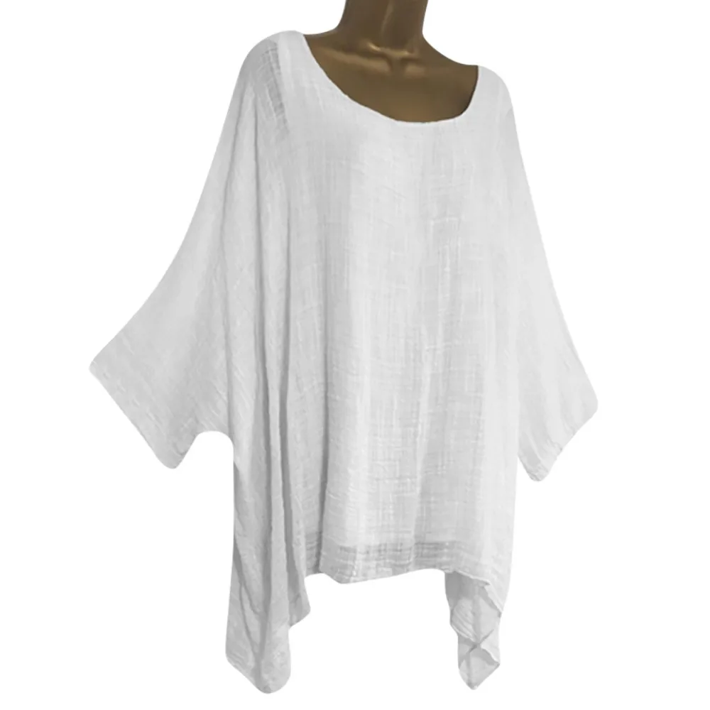 Camisa de cuello redondo Oversize mujeres casuales de las señoras de talla grande suelto Blusas de Mujer de lino de algodón Tops de Color liso camisa coreana blusa