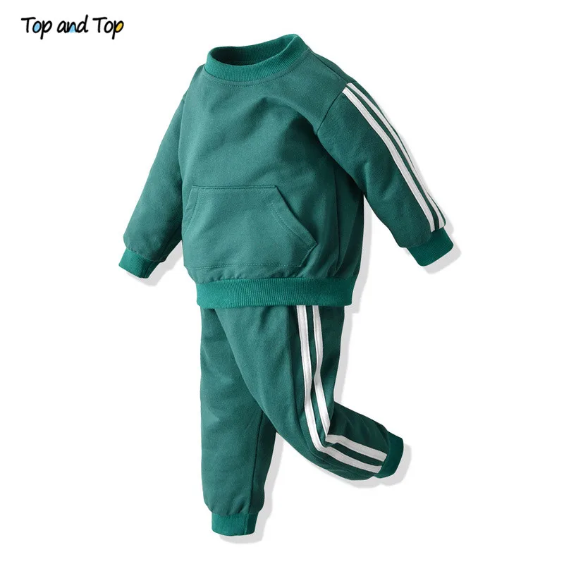 Топ и топ, комплекты одежды для девочек хлопковый свитер в полоску с длинными рукавами Топы+ брюки Повседневная одежда для маленьких мальчиков спортивные костюмы - Color: Green