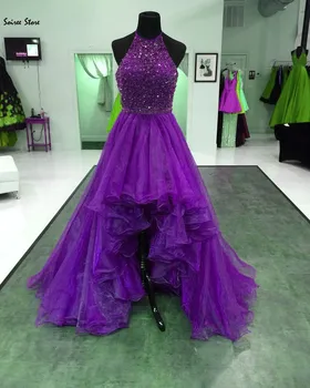 

Real Hi Low Prom Dresses Purple Beaded Organza Ruffles Evening Dress Halter Sleeveless Junior Prom Gowns Formal Dress Beach Boho