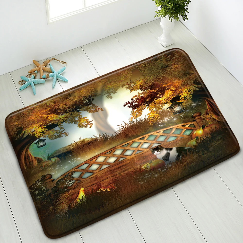 Halloween Non-Slip Bath Mat Cat Pumpkin Washable Home Carpet Kitchen Bedroom Doormat Flannel Absorbent Floor Pads Foot Mats | Дом и сад