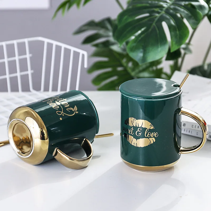 Nordic ins low-key luxury Mug gold handle dark green office ceramic cup student advanced large capacity | Дом и сад
