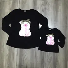 Осенне-зимние хлопковые футболки с длинными рукавами для маленьких девочек реглан «Мама и я», черная леопардовая свинка, детская одежда с длинными рукавами