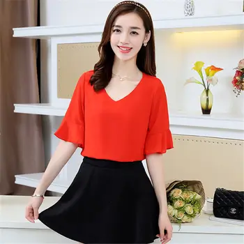 

2020 Summer Fashion Women Chiffon Shirts Summer Short sleeve Solid color Women Blouses Casual V Neck Women Tops Plus Size 4XL