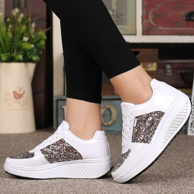 

Women Rocker Shoes 2019 new designer fashion bling casual shoes outdoor comfortable lace up height increase woman shoes