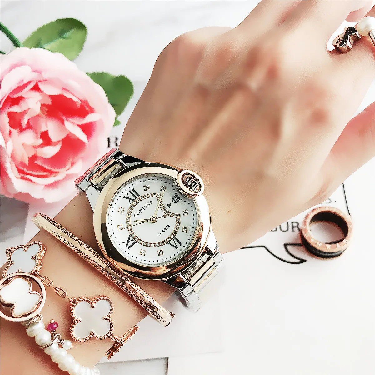 Contena Роскошные Montre часы Femme модные женские Стразы с логотипом красивые кварцевые часы Mujer Crystal Relojes