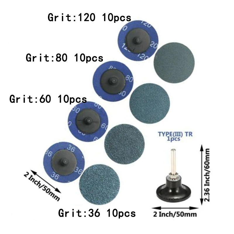 40pcs*P36+P60+P80+P120 Zirconia Quick Change Disc+1*Quick change Disc Pad 2 Inch Zirconia Sanding Discs