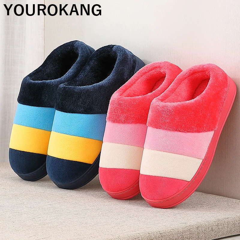 

Winter Men Shoes Home Slippers Indoor Mixed Color Plush Slipper Lovers Flip Flops Classic Striped Unisex Big Size Floor Shoes
