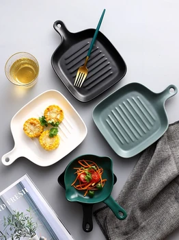 

Ceramic Ovenware Household Steak Baked Rice Baking Plate Creative Microwave Oven I Tableware Tray with Handle