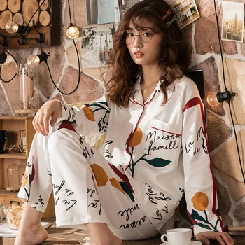 

Korean Long Sleeve Pajamas Set 2PCS Sleepwear Spring Sutumn Long Sleeve Cotton Nightwear Casual Bathrobe Cute Print Homewear