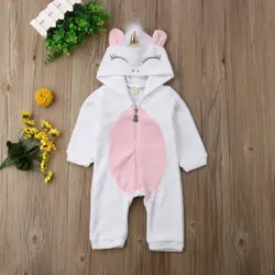 Barboteuse à capuche pour bébé fille, combinaison en flanelle, motif licorne, à la mode, dessin animé, fermeture éclair chaude, vêtements pour nouveau né 