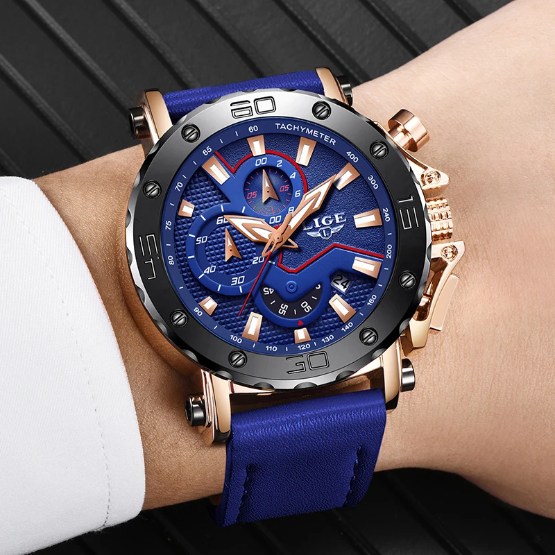 Mens Watches Lige Top Brand Luxury Big Dial Military Quartz Watch Blue Leather Waterproof Spor-5