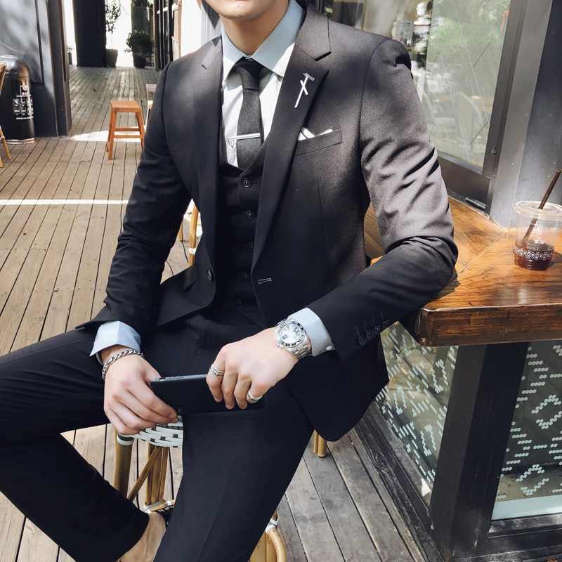 black 3-piece set Мужские костюмы, Блейзер со штанами, смокинг, 3xl, мужской черный костюм, 3 предмета, британский стиль, Свадебный, приталенный, абрикосовый - Цвет: black 3-piece set