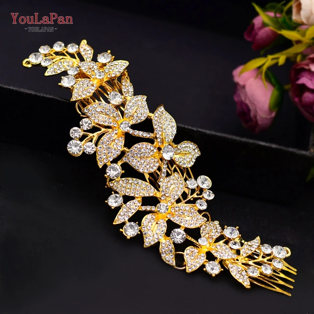 TOPQUEEN HP301 Indian Bridal Hair Accessories Alloy Flower Bridal Crowns and Tiaras Silver Hair Pieces Wedding Hair Jewelry HP301-18K Golden