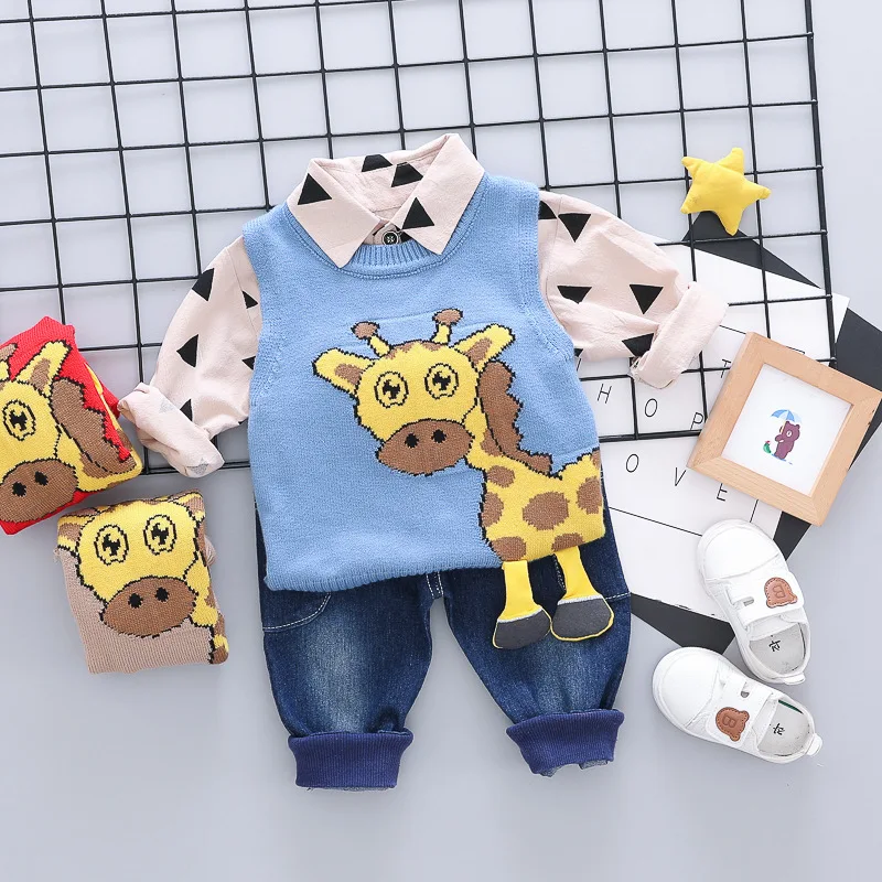Весна-осень дети мультфильм животных свитер c жирафом; футболка и джинсы; костюм из трех предметов
