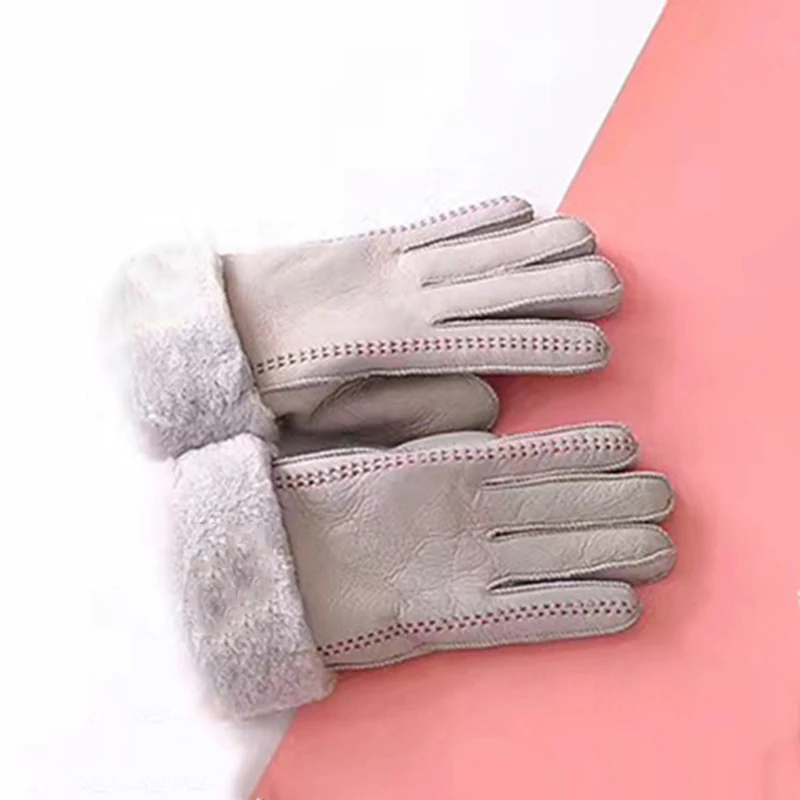 Зимние теплые кожаные женские перчатки из овечьего меха, женские утолщенные ветрозащитные студенческие перчатки для верховой езды - Цвет: gray