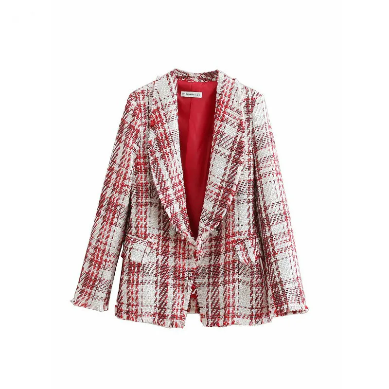 

2019 Fashion Za Casual Casaco Vintage Chic Elegant Women Jewelry button Tweed Jacket Plaid Coats Pockets Lapel Collar Femme