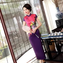 Стиль, шелковая ткань, чонсам, улучшенный, длинный, в китайском стиле, с принтом, приталенный, большой размер, женское платье, настольный костюм