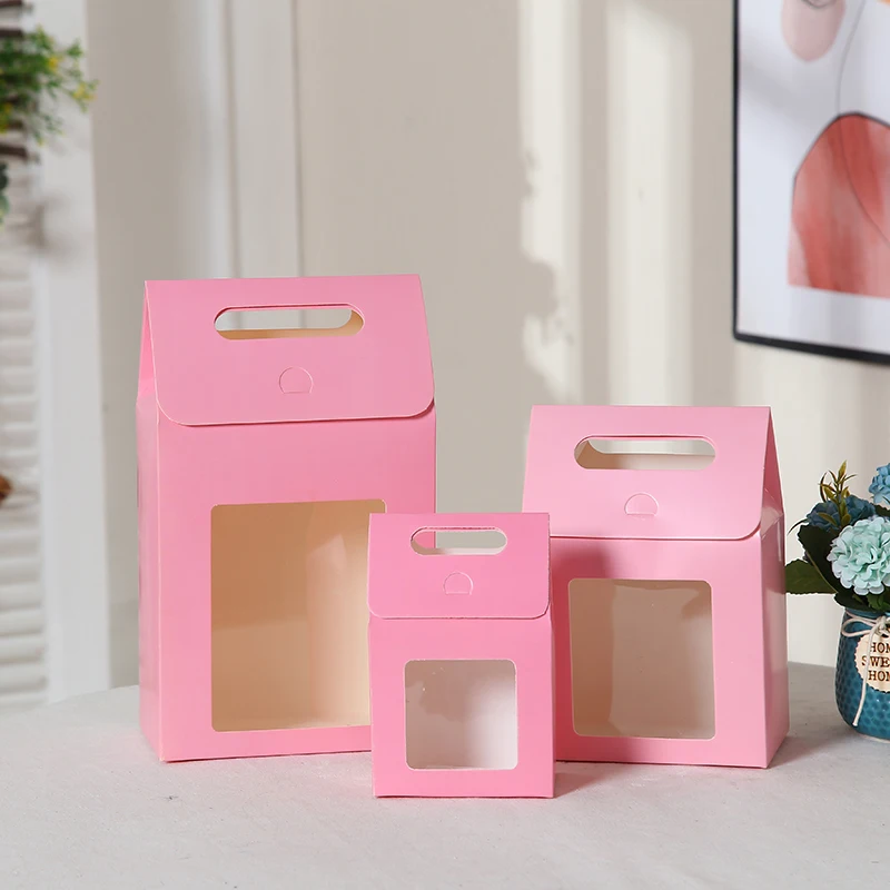 10pcs Red Blue Large Open Window Cowhide Carton Bag Kraft Handle Flap Seal Gift Box Portable Food Gift Small Color Packing Box