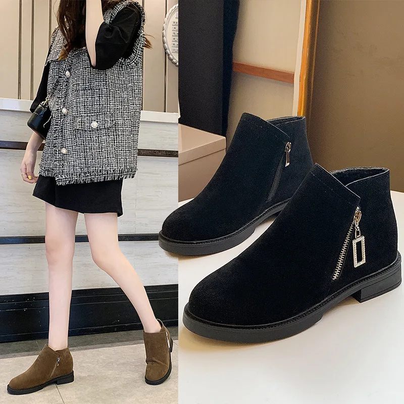 

Martin Boots Women's 2019 England Versatile Korean-style Chunky-Heel Low Heel Suede Martin Women's New Style Retro Martin Boots
