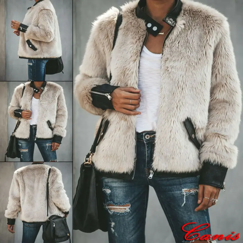 

Winter Plush Stitching Leather Jacket Plus Size Womens Winter Teddy Bear Fleece Fur Fluffy Coat ZIipper Jackets Jumper Outwear