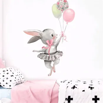 

Cute Bunny Ballet Rabbit Cat Wall Stickers For Kids Room Cat Baby Nursery Wall Decals Pink Flower Girl Boy Room Home Decoration