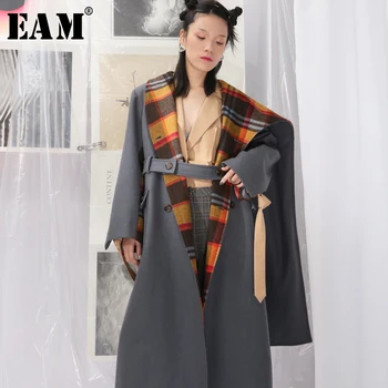 

[EAM] Loose Fit Gray Plaid Split Big Size Long Woolen Coat Parkas New Long Sleeve Women Fashion Tide Spring Autumn 2020 1D355