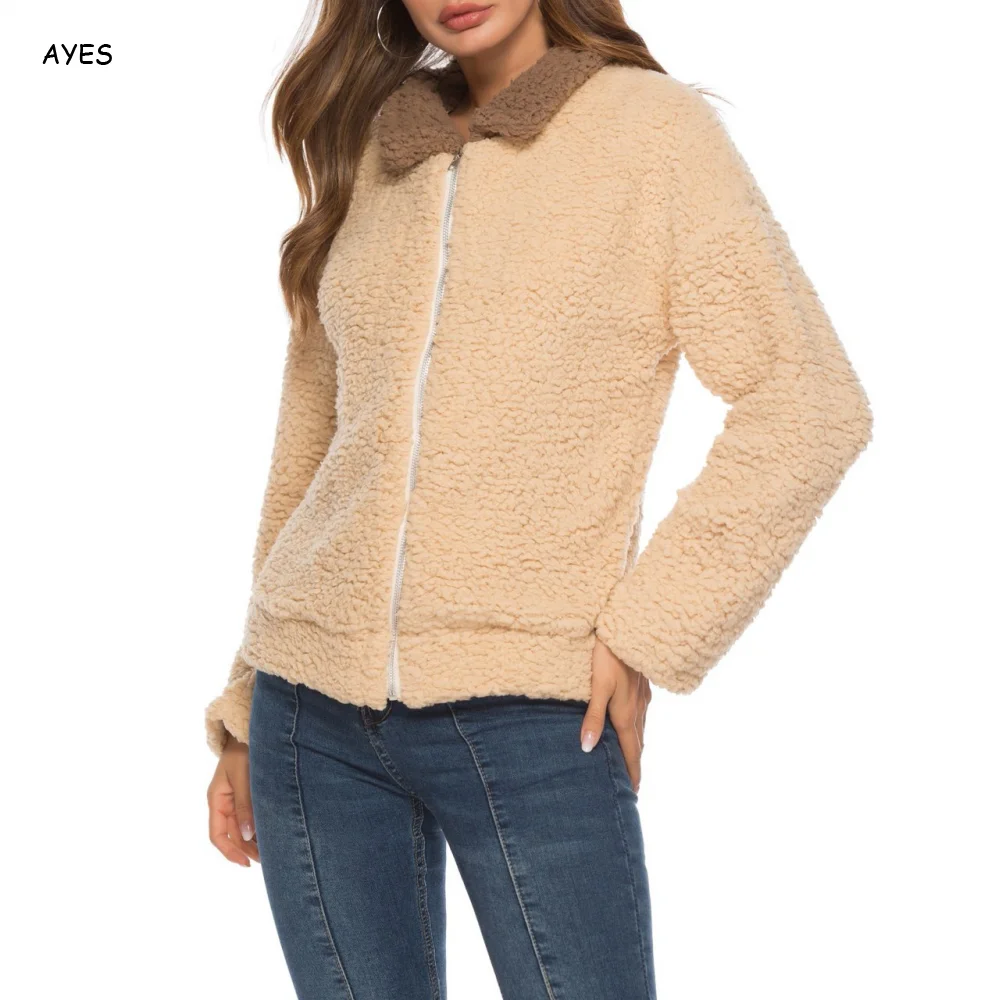 

2019 Patchwork Fleece Jacket Women Turn-Down Collar Plush Coat Autumn Winter Zipper Furry Overcoat Female Teddy Bear Jacket