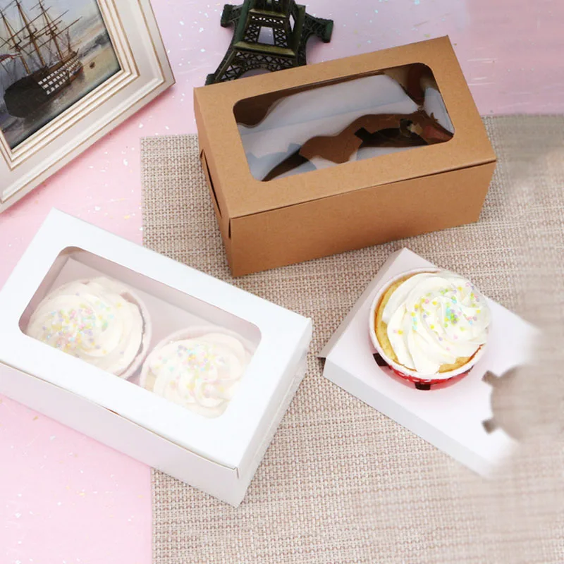 

10pcs/lot Kraft paper box packaging wedding favor paper gift box cookies handmade 2 cupcakes birthday party cake box with window