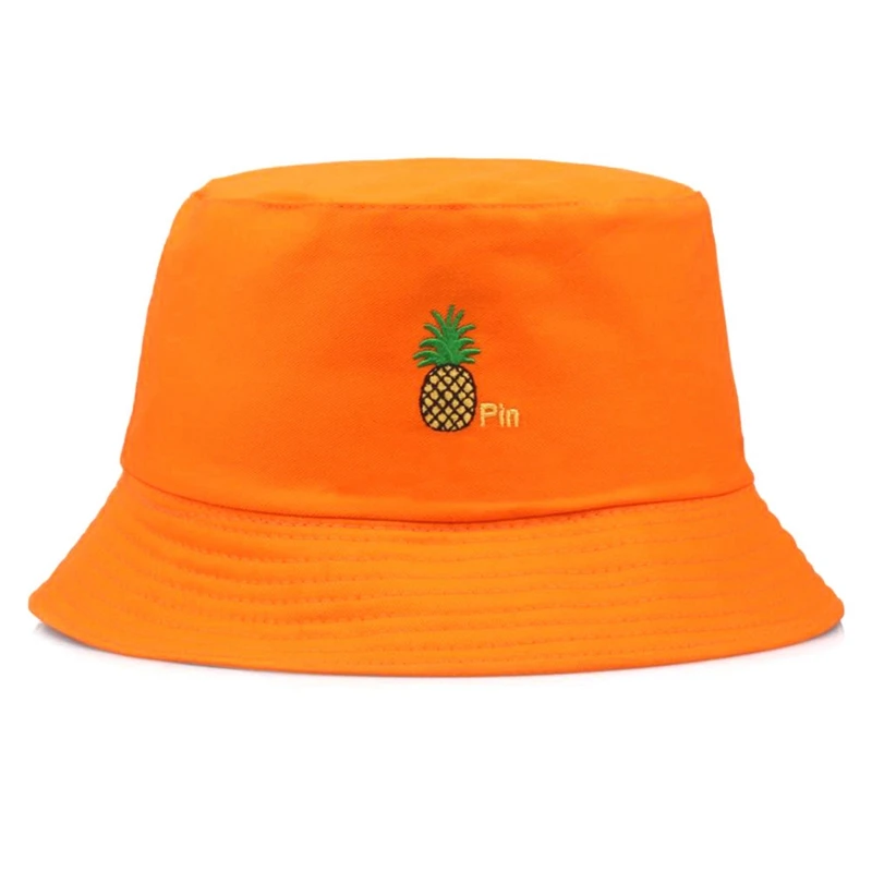 SMILE Bucket Hat Double Sided Bucket Hat Smiling face Unisex Fashion Bob Cap Hip Hop Gorro Men Summer Cap - Color: Orange Pineapple