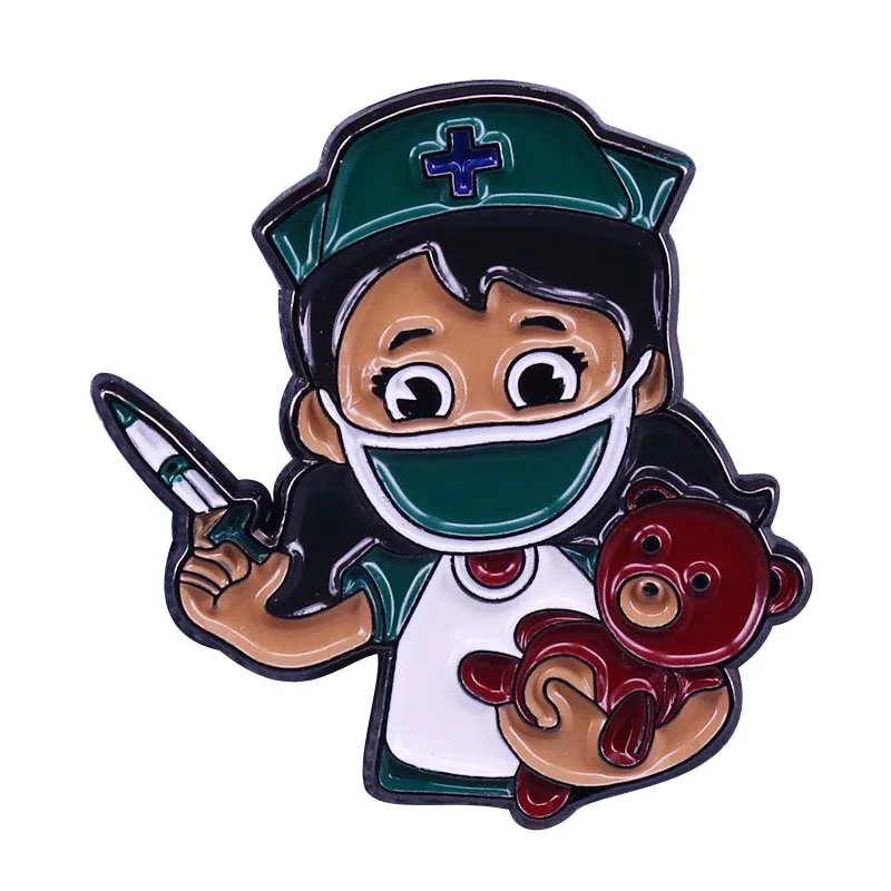 Little nurse gives an injection to bear Enamel Pin kids doctor nurse gift brooch