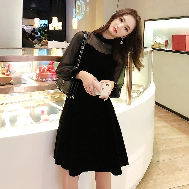 

2018 Autumn And Winter New Style Korean-style Transparent Chiffon Lantern Sleeve Fashionable Velvet A- line Dress