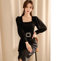 Vintage Black Sashes Long Sleeve Bodycon Office Lady Work Dress Chic Business Formal Party Dress 1