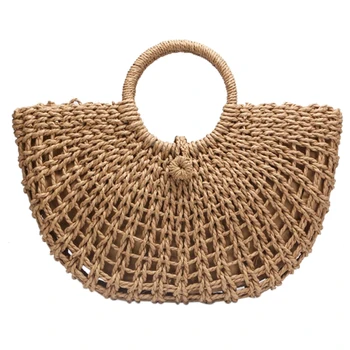 

Straw Bag Paper Rope Round Bucket Hollow Woven Bag Retro Casual Belt Buckle Hand Bag
