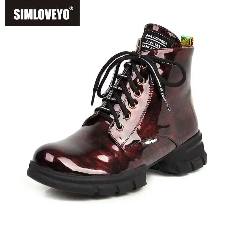 

SIMLOVEYO Ankle boots for women platform low heels lace up Patent leather mixed color Booties mujer Size 43 Autumn shoes zipper