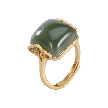 

925 Pure Silver Natural Nephrite Sapphire Personality Auspicious Cloud Temperament Adjustable Gold Plated Lady Ring