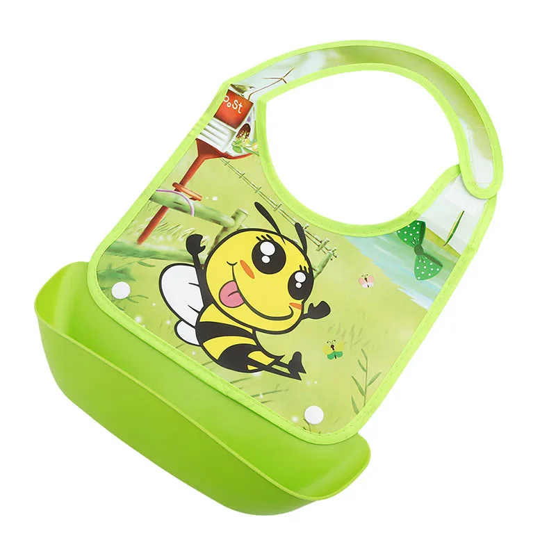 Silicone Baby Bandana Bibs Lovely Animals Meals Pocket Bib Waterproof Feeding Newborn Infant Food Bib baberos bebes - Цвет: green bee