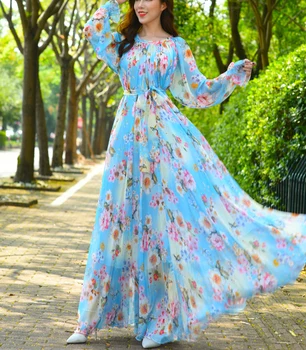 Maxi Dress Floral Printed  Loose Chiffon Fashion  Clothes  Female Kaftan Long Dress Summer