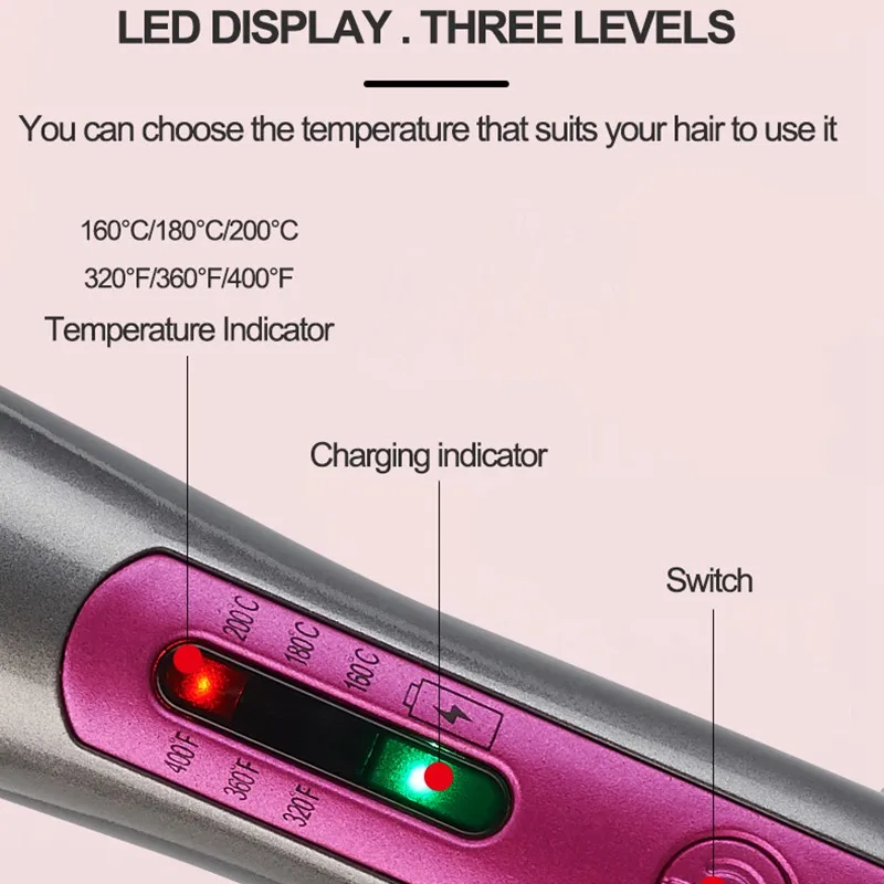 Portable Rechargeable Li-ion Battery 2600mAh Mini Wireless Hair Straightener Ceramic Plate Iron Hair Curling Straighter