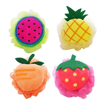 

4pcs Colors Fruit Shaped Soft Bath Ball Cute Mesh Sponge Mesh Pouf Shower Ball (Pineapple + watermelon + mango + strawberry)